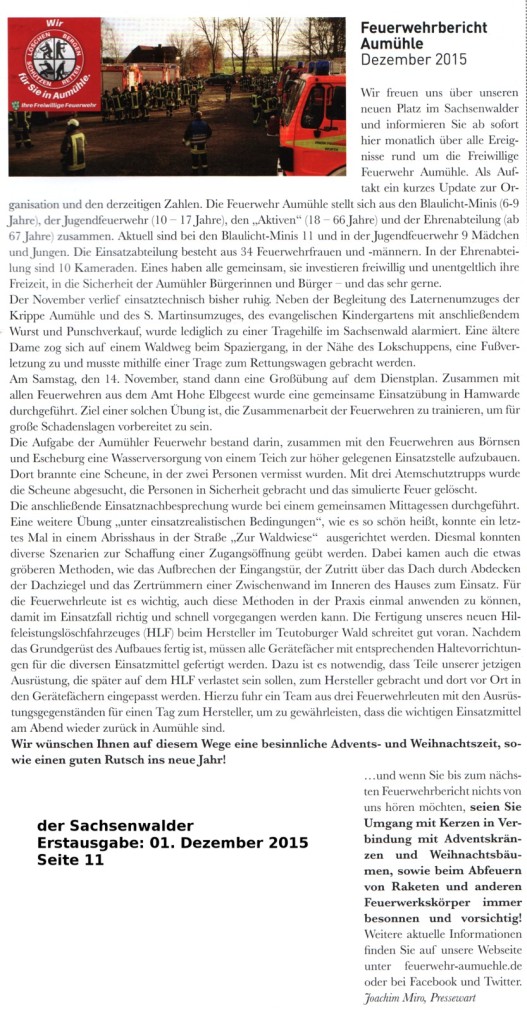 Feuerwehrbericht Dezember 2015 - der Sachsenwalder - Erstausgabe: 01. Dezember 2015