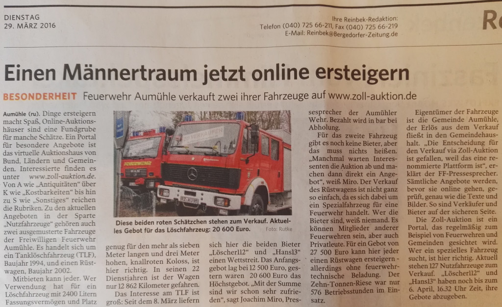 Einen Männertraum jetzt online ersteigern - zwei rote Schätzchen stehen zum Verkauf. - Artikel im DerReinbeker vom 29.03.2016.